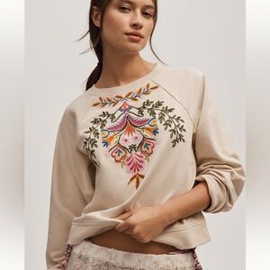 Anthropologie Cream Embroidered Sweatshirt